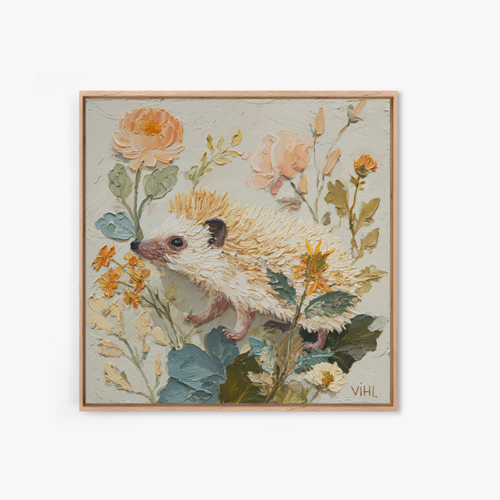 Hedgehog Carrying Wildflowers Framed Canvas Print, Whimsical Art, Dark Academia Decor, Living Room Decor, Fine Art, Wonder, WHI-1x1-39
