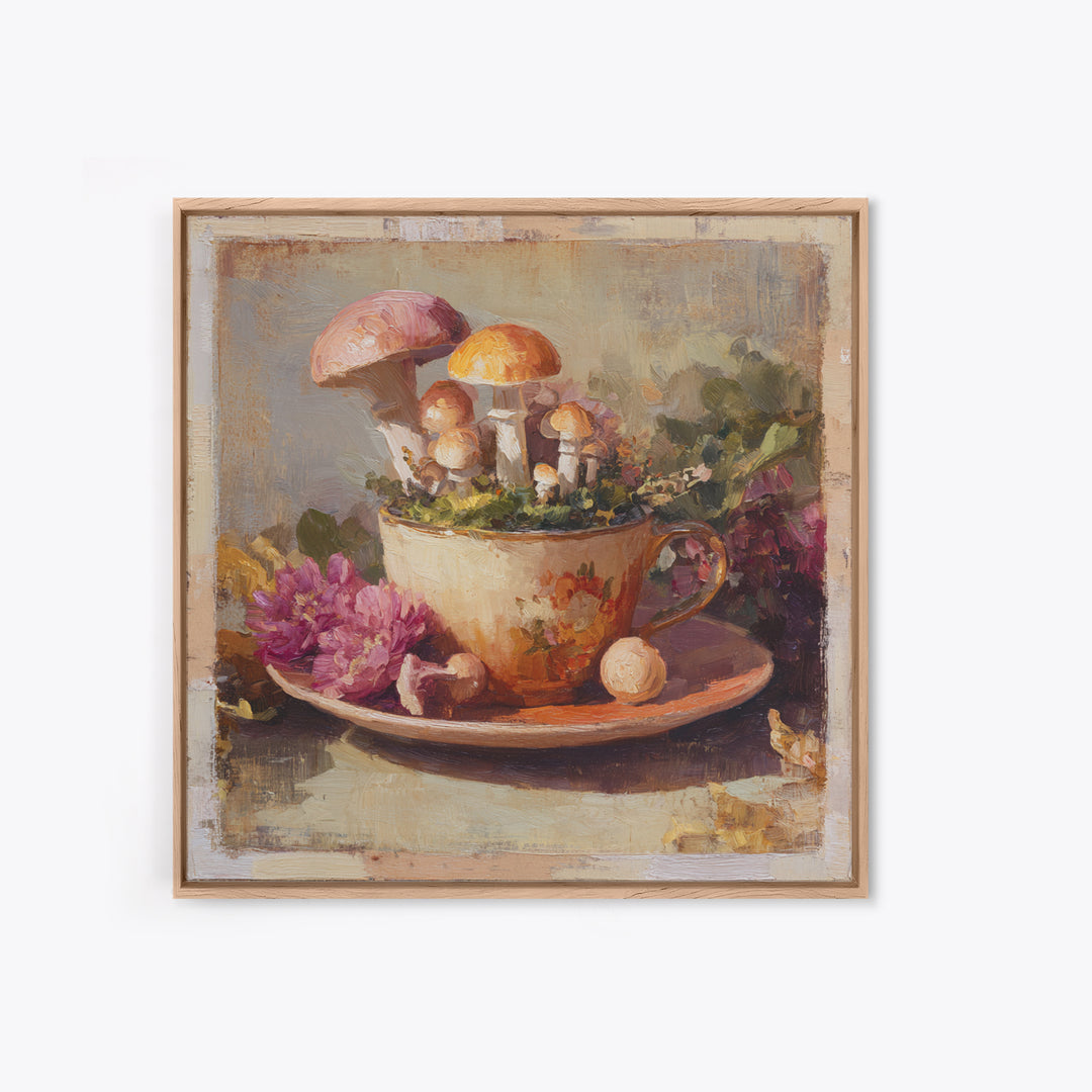 Teacup Garden with Tiny Mushrooms Canvas Print, Whimsical Art, Home Decor, Living Room Decor, Fine Art, Wonder, Digital Print, WHI-1x1-4