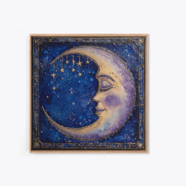 Moon with Sleeping Face and Dangling Stars Framed Canvas Print, Whimsical Art, Room Decor, Living Room Decor, Oil Painting, WHI-1x1-40