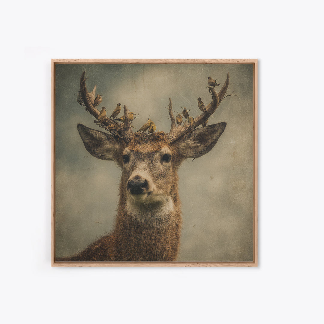 Deer with Antlers Full of Birds Framed Canvas Print, Whimsical Art, Dopamine Decor, Living Room Decor, Oil Painting, Wonder, WHI-1x1-43