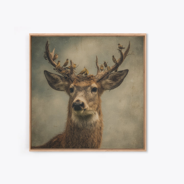 Deer with Antlers Full of Birds Framed Canvas Print, Whimsical Art, Dopamine Decor, Living Room Decor, Oil Painting, Wonder, WHI-1x1-43
