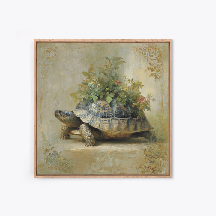 Turtle with Garden Growing on Shell Framed Canvas Print, Whimsical Art, Nursery Art, Living Room Decor, Oil Painting, Wonder, WHI-1x1-46