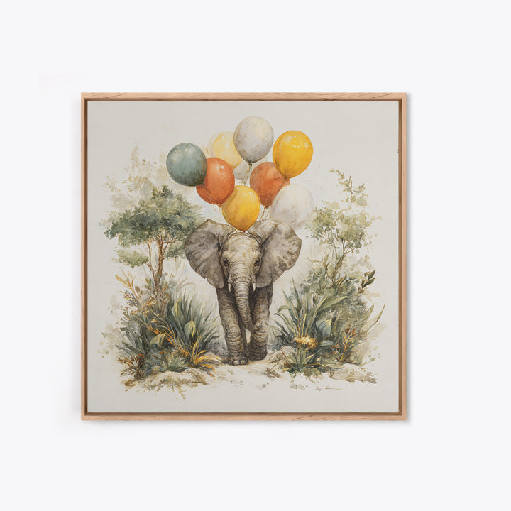 Elephant Holding Balloons Framed Canvas Print, Whimsical Art, Nursery Prints, Living Room Decor, Oil Painting, Wonder, WHI-1x1-51
