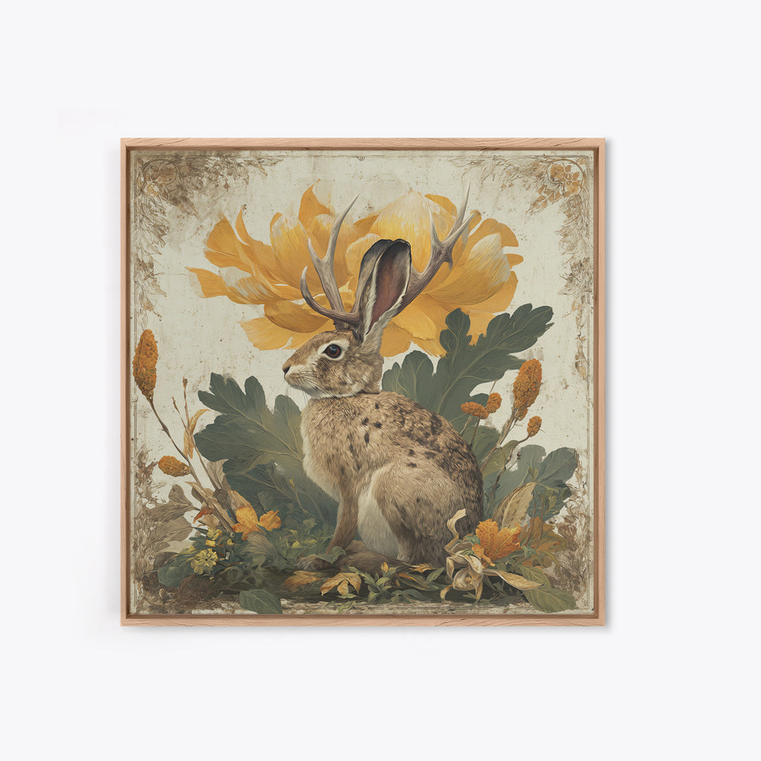 Rabbit Reading Beneath a Giant Flower Framed Canvas Print, Whimsical Art, Textured Painting, Living Room Decor, Wonder, WHI-1x1-53