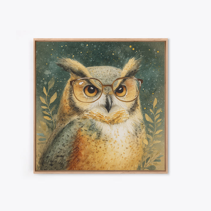 Owl Wearing Spectacles Among Stars Canvas Print, Whimsical Art, Nursery Prints, Living Room Decor, Oil Painting, Wonder, WHI-1x1-54