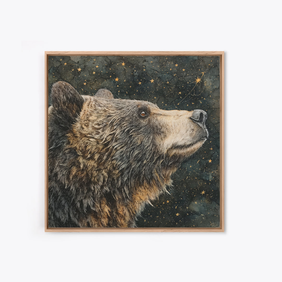 Bear Painting Stars Onto the Night Sky Framed Canvas Print, Whimsical Art, Living Room Decor, Abstract Art, Wonder, WHI-1x1-57