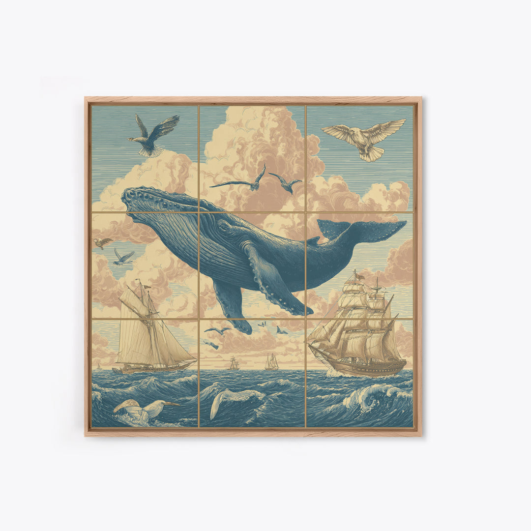 Whale Flying Through Clouds Like Ocean Framed Canvas Print, Whimsical Art, Boho Decor, Living Room Decor, Fine Art, Wonder, WHI-1x1-61