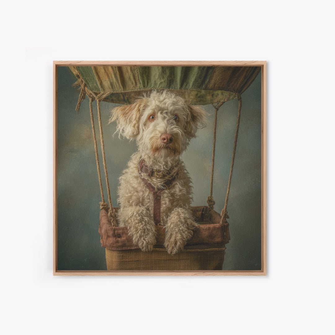 Dog in a Hot Air Balloon Framed Canvas Print, Whimsical Art, Gallery Decor, Living Room Decor, Fine Art, Wonder, Wall Art, WHI-1x1-62
