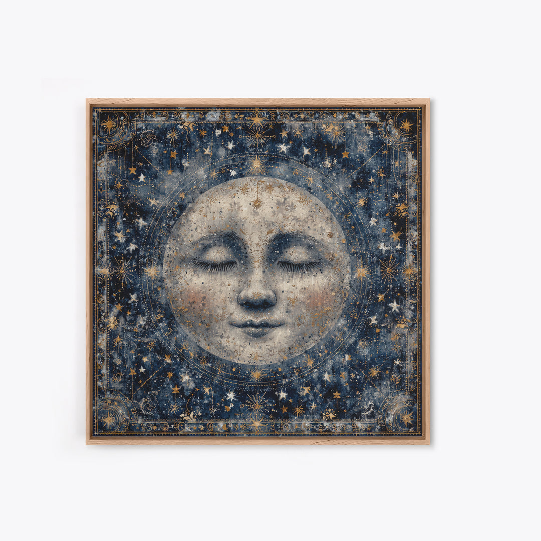 Moon with Sleeping Face and Dangling Stars Framed Canvas Print, Whimsical Art, Living Room Decor, Wonder, Gallery Decor, WHI-1x1-64