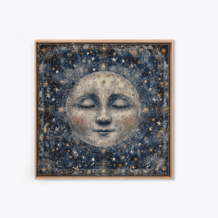 Moon with Sleeping Face and Dangling Stars Framed Canvas Print, Whimsical Art, Living Room Decor, Wonder, Gallery Decor, WHI-1x1-64