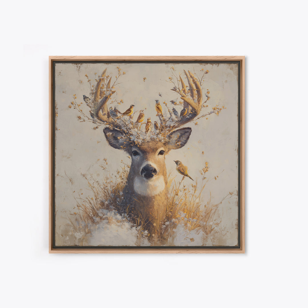 Deer with Antlers Full of Birds Framed Canvas Print, Whimsical Art, Modern Decor, Living Room Decor, Fine Art, Wonder, WHI-1x1-67