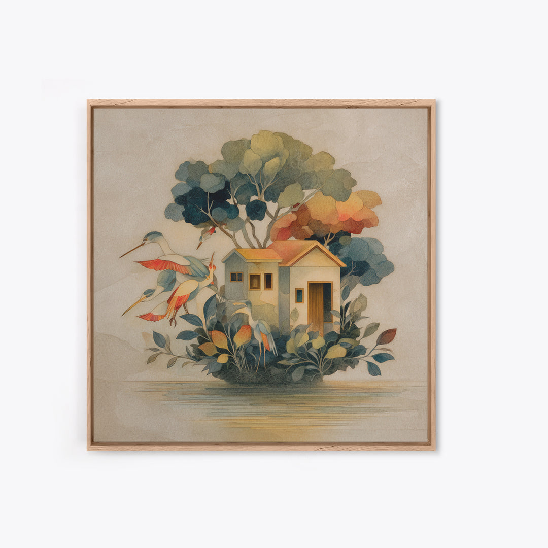 Floating House Carried by Colorful Birds Framed Canvas Print, Whimsical Art, Framed Wall Art, Living Room Decor, Wonder, WHI-1x1-7