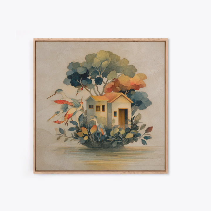 Floating House Carried by Colorful Birds Framed Canvas Print, Whimsical Art, Framed Wall Art, Living Room Decor, Wonder, WHI-1x1-7