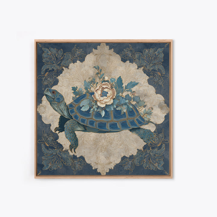 Turtle with Garden Growing on Shell Framed Canvas Print, Whimsical Art, Nursery Art, Living Room Decor, Oil Painting, Wonder, WHI-1x1-70