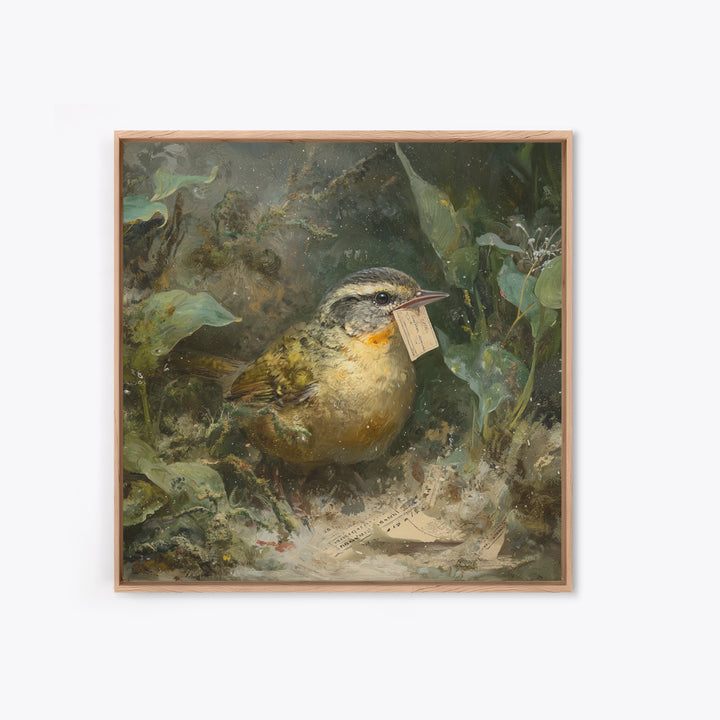 Bird Delivering a Tiny Love Letter Framed Canvas Print, Whimsical Art, Cat Art, Living Room Decor, Fine Art, Wonder, WHI-1x1-71