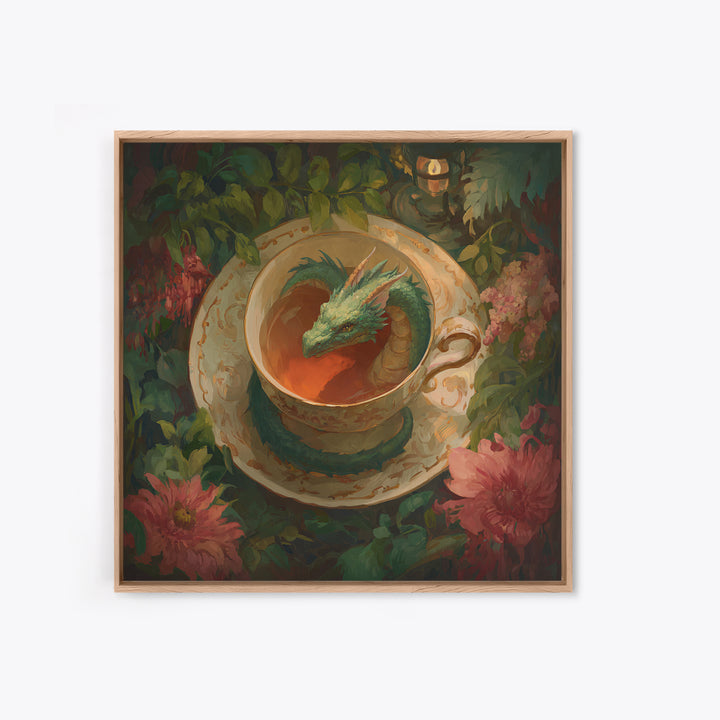 Dragon Curled Around a Teacup Framed Canvas Print, Whimsical Art, Bird Art, Living Room Decor, Abstract Art, Wonder, WHI-1x1-72