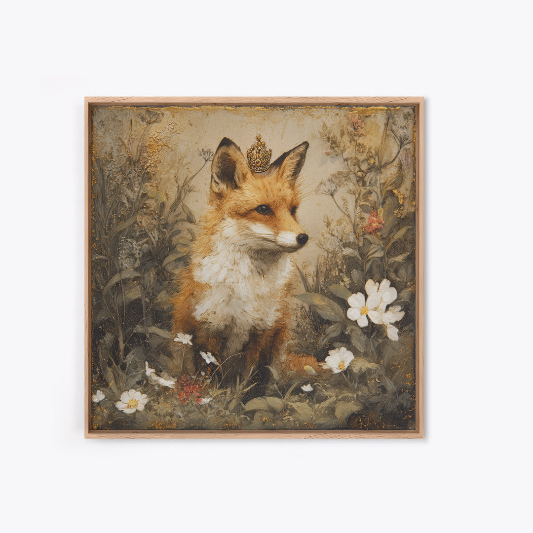 Fox Wearing a Tiny Crown Framed Canvas Print, Whimsical Art, Home Decor, Living Room Decor, Fine Art, Wonder, Digital Print, WHI-1x1-73