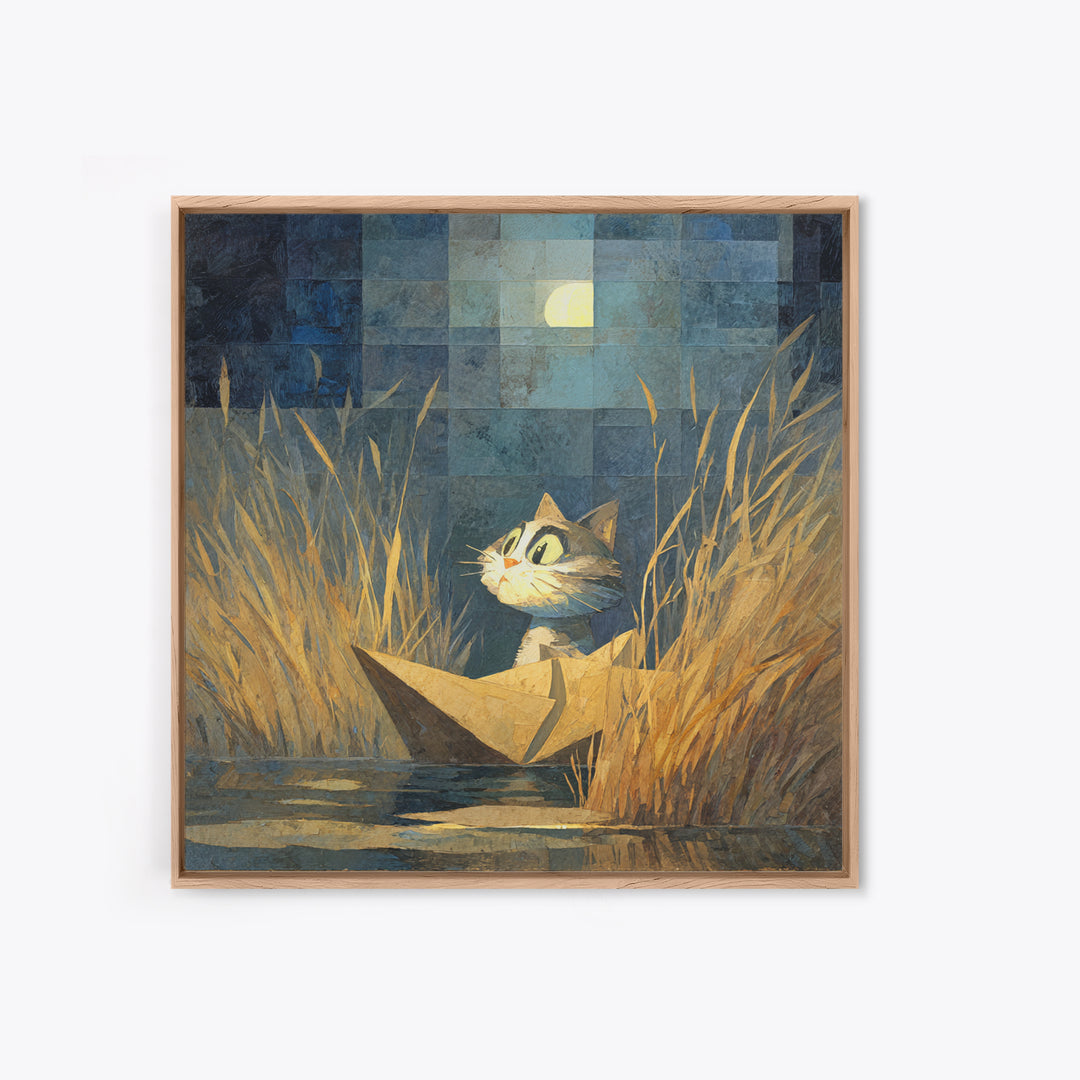 Cat Sailing a Paper Boat Framed Canvas Print, Whimsical Art, Fine Art Print, Living Room Decor, Fine Art, Wonder, Prints, WHI-1x1-74