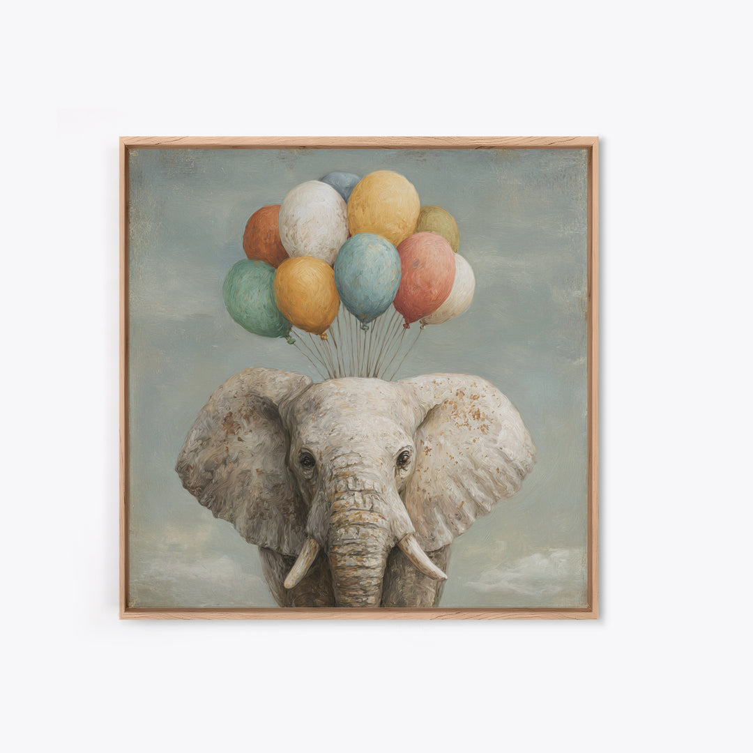 Elephant Holding Balloons Canvas Print, Whimsical Art, Statement Artwork, Living Room Decor, Fine Art, Wonder, Art Print, WHI-1x1-75