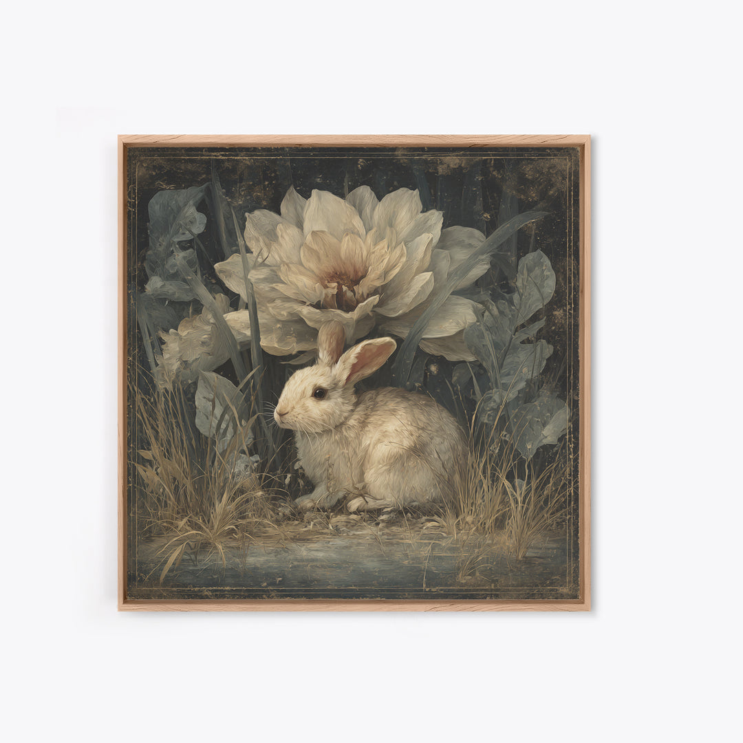 Rabbit Reading Beneath a Giant Flower Canvas Print, Whimsical Art, Wall Decor, Living Room Decor, Wonder, Printable Art, WHI-1x1-77