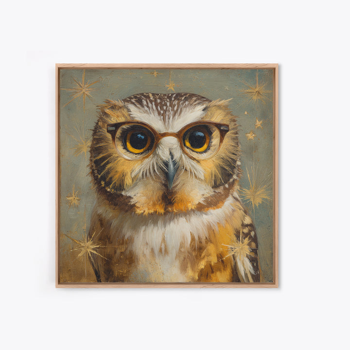 Owl Wearing Spectacles Among Stars Framed Canvas Print, Whimsical Art, Statement Artwork, Living Room Decor, Fine Art, Wonder, WHI-1x1-78