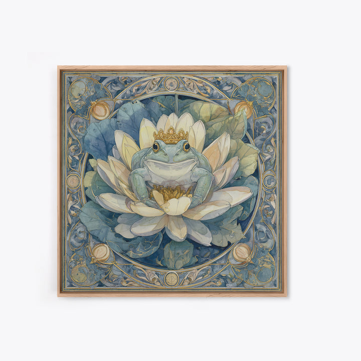 Frog Prince on a Lily Pad Framed Canvas Print, Whimsical Art, Oil Painting, Living Room Decor, Wonder, Dark Academia Decor, WHI-1x1-8