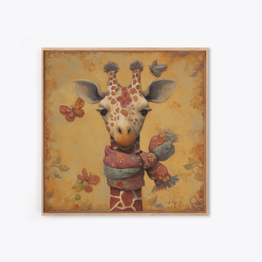 Giraffe with Scarf and Butterflies Canvas Print, Whimsical Art, Boho Decor, Living Room Decor, Oil Painting, Wonder, WHI-1x1-82