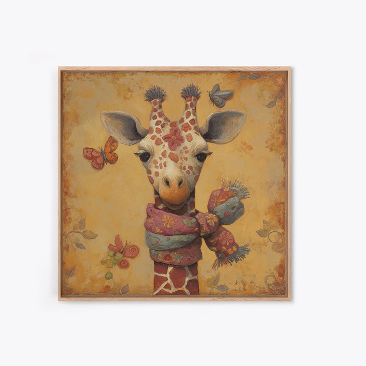 Giraffe with Scarf and Butterflies Canvas Print, Whimsical Art, Boho Decor, Living Room Decor, Oil Painting, Wonder, WHI-1x1-82