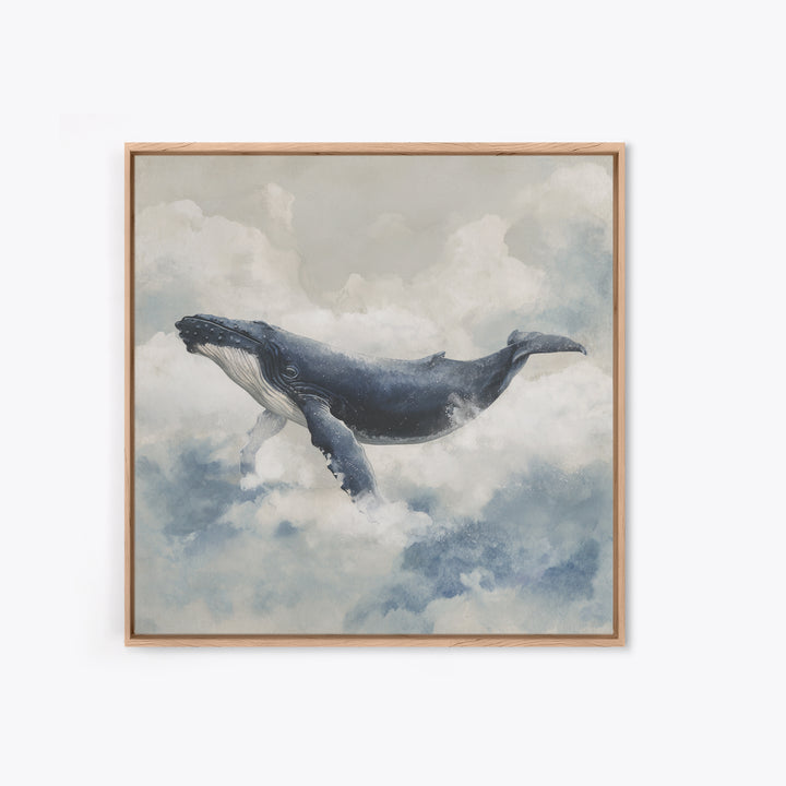 Whale Flying Through Clouds Like Ocean Canvas Print, Whimsical Art, Minimalist Decor, Living Room Decor, Oil Painting, Wonder, WHI-1x1-85
