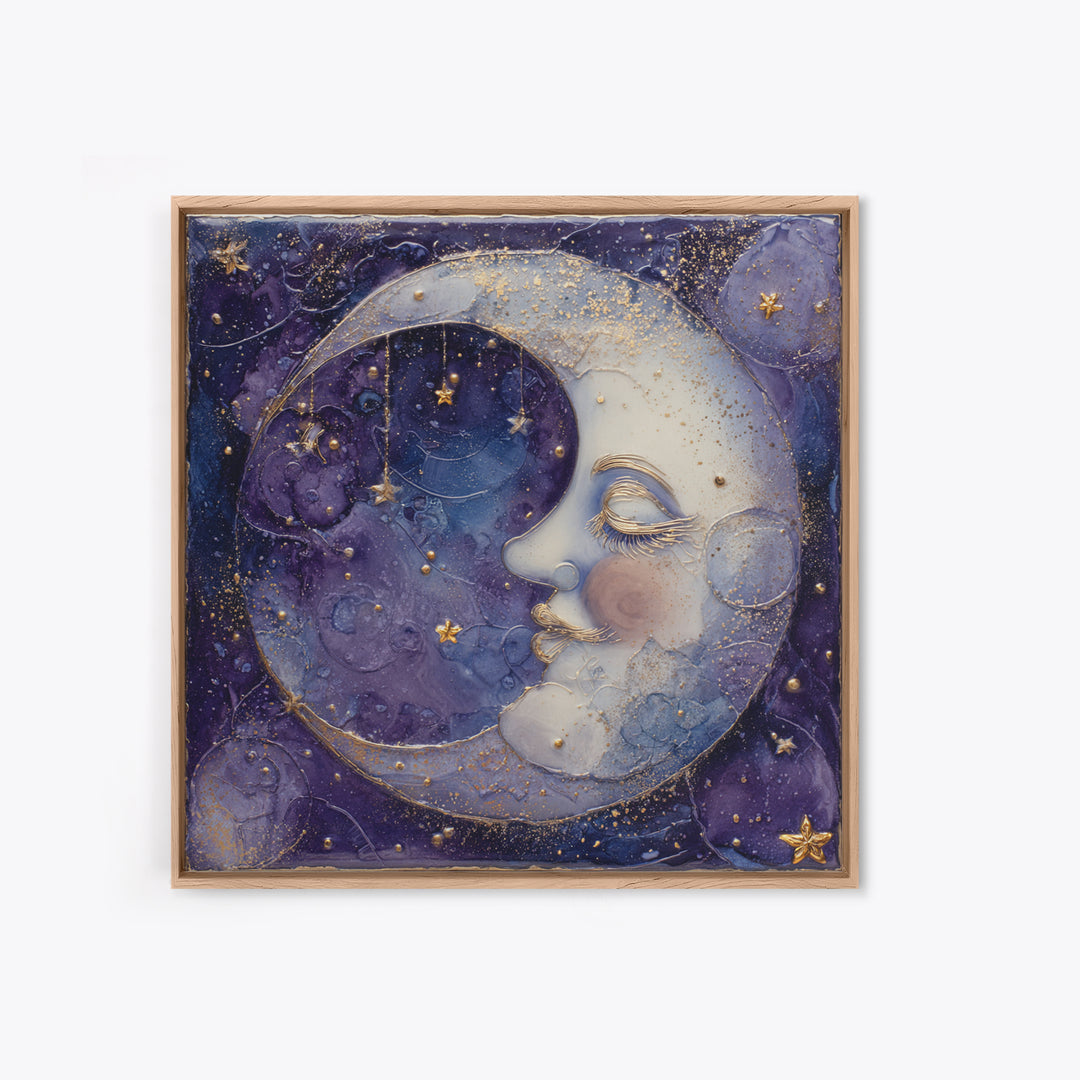 Moon with Sleeping Face and Dangling Stars Framed Canvas Print, Whimsical Art, Minimalist Decor, Living Room Decor, Wonder, WHI-1x1-88