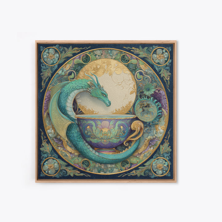 Dragon Curled Around a Teacup Framed Canvas Print, Whimsical Art, Pet Portrait, Living Room Decor, Wonder, Abstract Wall Art, WHI-1x1-96