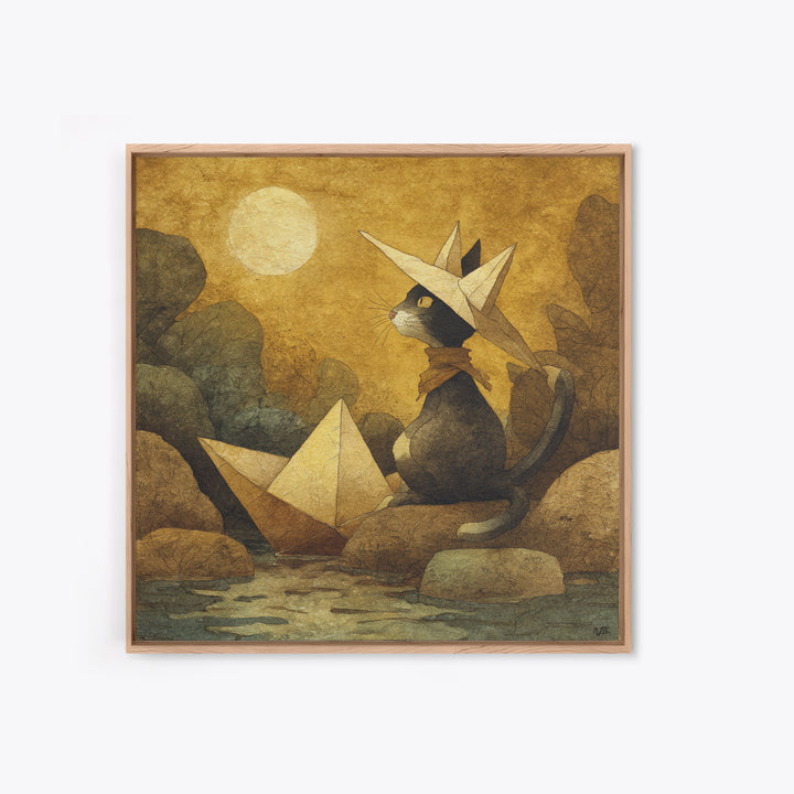 Cat Sailing a Paper Boat Canvas Print, Whimsical Art, Textured Painting, Living Room Decor, Fine Art, Wonder, Nursery Decor, WHI-1x1-98