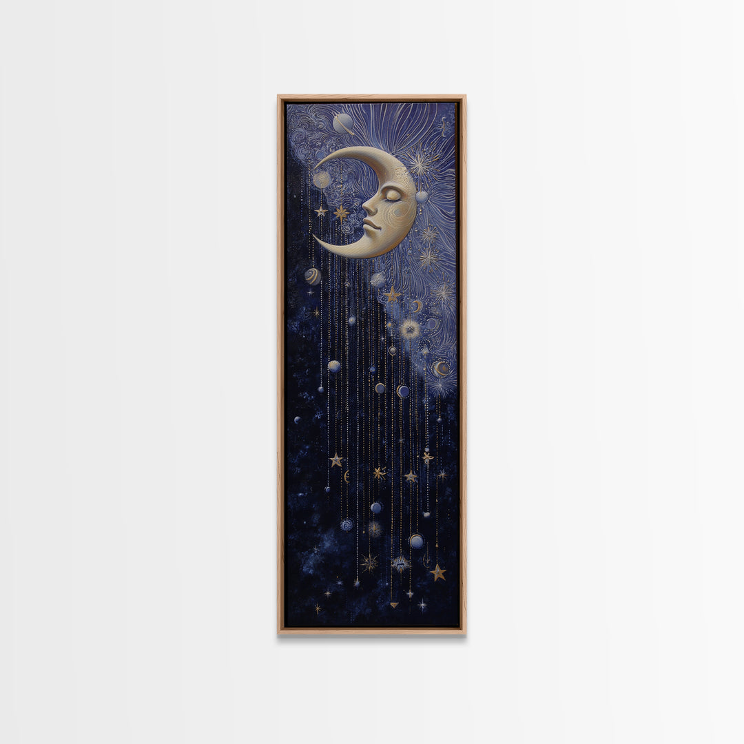 Moon with Sleeping Face and Dangling Stars Canvas Print, Whimsical Art, Nursery Art, Living Room Decor, Fine Art, Wonder, WHI-1x3-100