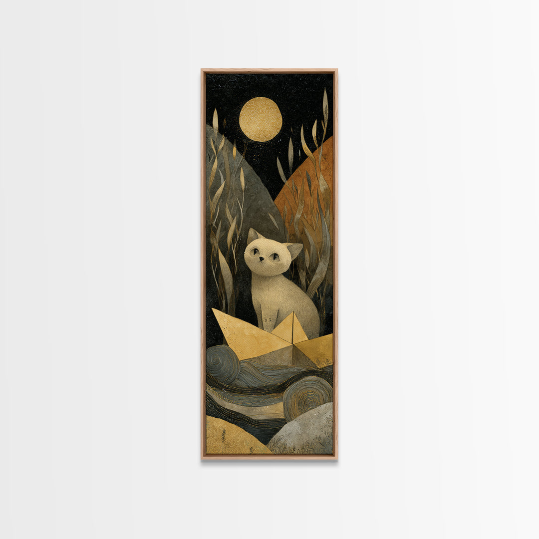 Cat Sailing a Paper Boat Canvas Print, Whimsical Art, Gallery Decor, Living Room Decor, Fine Art, Wonder, Wall Art, Home Decor, WHI-1x3-14