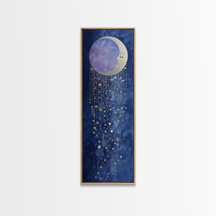 Moon with Sleeping Face and Dangling Stars Canvas Print, Whimsical Art, Art Print, Living Room Decor, Fine Art, Wonder, WHI-1x3-28