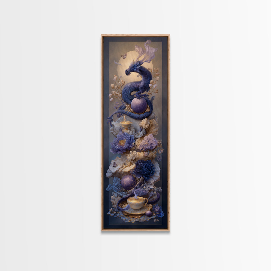 Dragon Curled Around a Teacup Framed Canvas Print, Whimsical Art, Pet Portrait, Living Room Decor, Wonder, Abstract Wall Art, WHI-1x3-36
