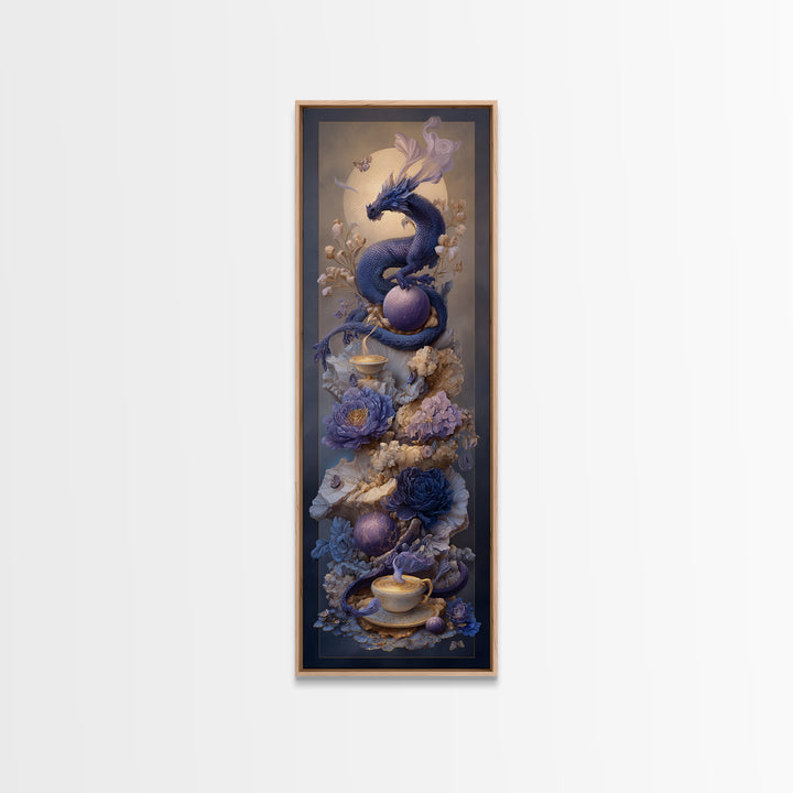 Dragon Curled Around a Teacup Framed Canvas Print, Whimsical Art, Pet Portrait, Living Room Decor, Wonder, Abstract Wall Art, WHI-1x3-36