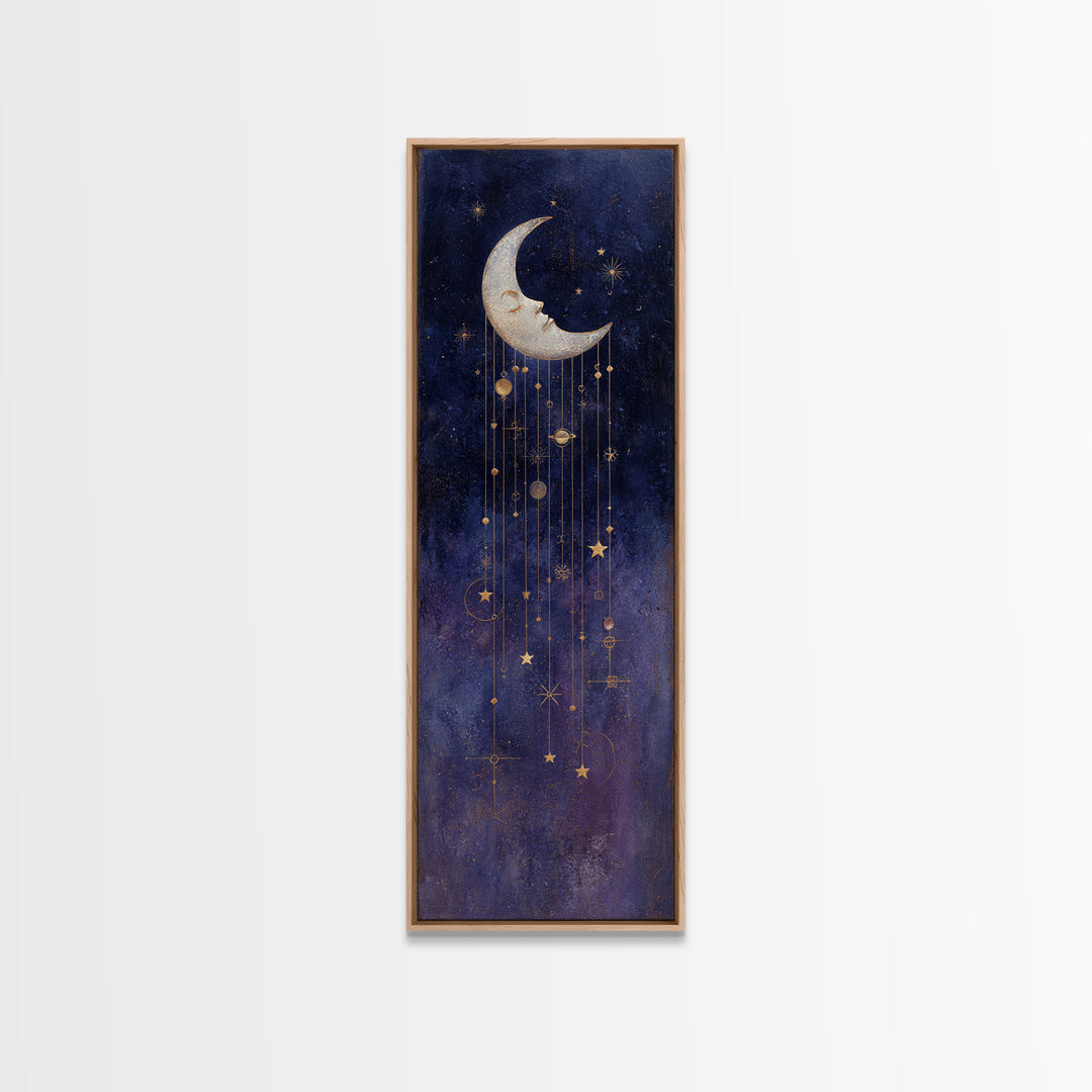 Moon with Sleeping Face and Dangling Stars Framed Canvas Print, Whimsical Art, Minimalist Decor, Living Room Decor, Wonder, WHI-1x3-4