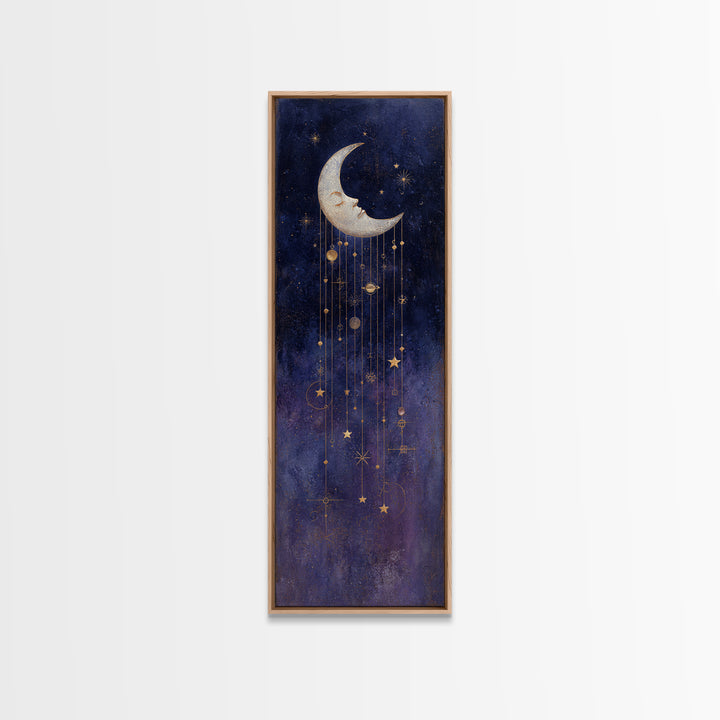 Moon with Sleeping Face and Dangling Stars Framed Canvas Print, Whimsical Art, Minimalist Decor, Living Room Decor, Wonder, WHI-1x3-4