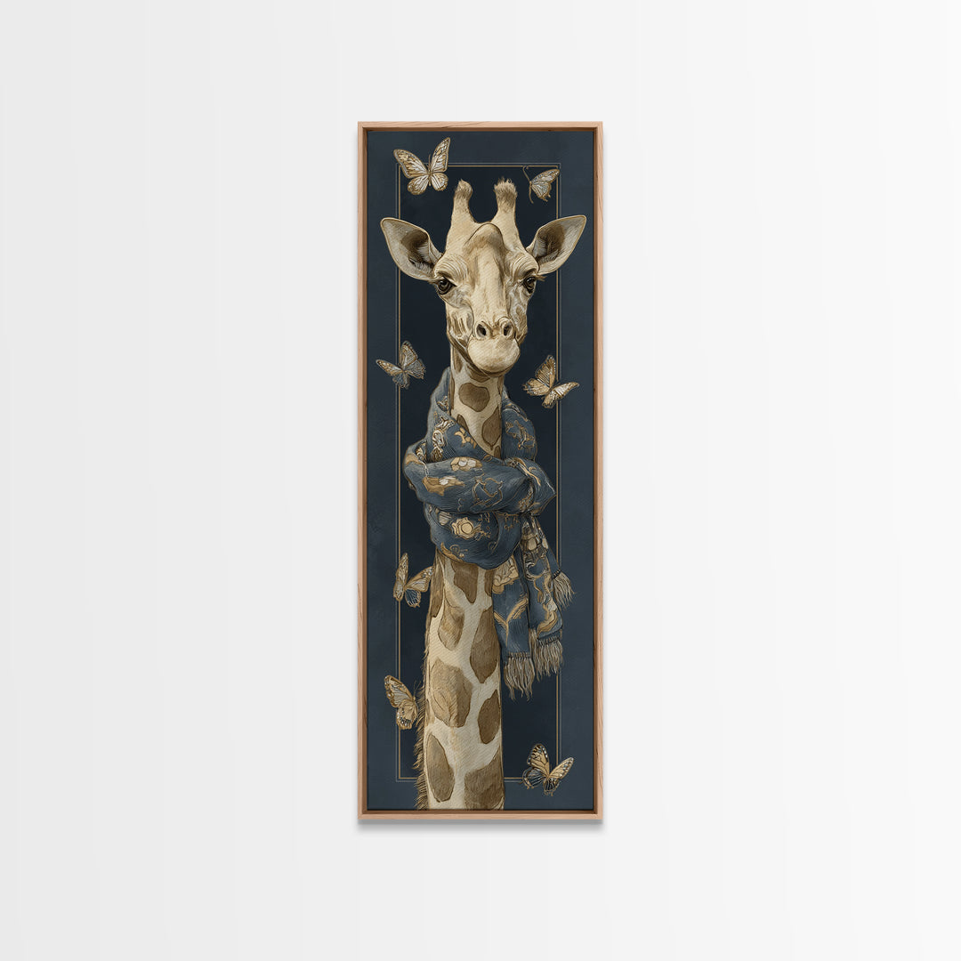 Giraffe with Scarf and Butterflies Framed Canvas Print, Whimsical Art, Modern Decor, Living Room Decor, Fine Art, Wonder, WHI-1x3-46
