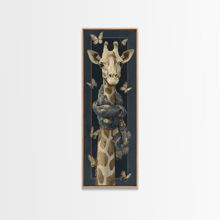 Giraffe with Scarf and Butterflies Framed Canvas Print, Whimsical Art, Modern Decor, Living Room Decor, Fine Art, Wonder, WHI-1x3-46