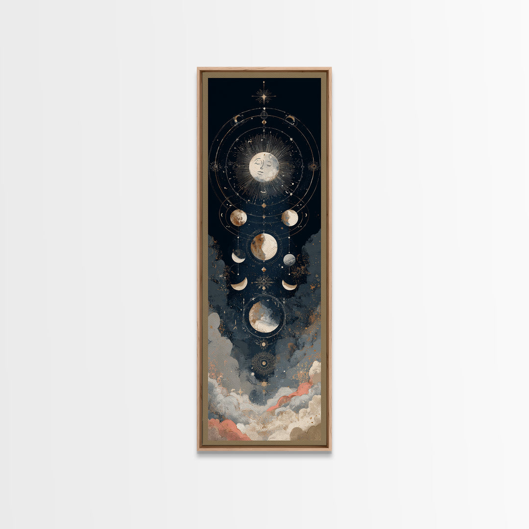 Moon with Sleeping Face and Dangling Stars Framed Canvas Print, Whimsical Art, Original Art, Living Room Decor, Oil Painting, WHI-1x3-52