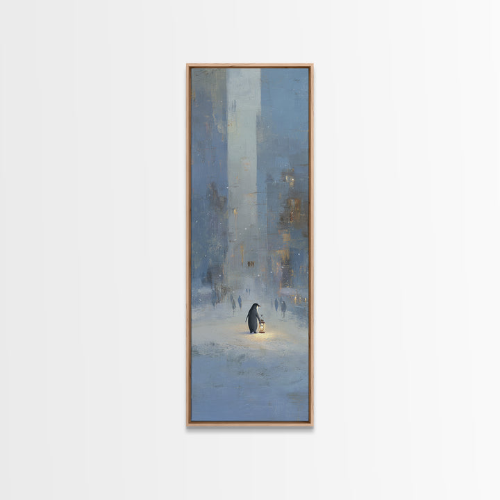 Penguin Holding a Lantern Framed Canvas Print, Whimsical Art, Textured Painting, Living Room Decor, Fine Art, Wonder, WHI-1x3-53