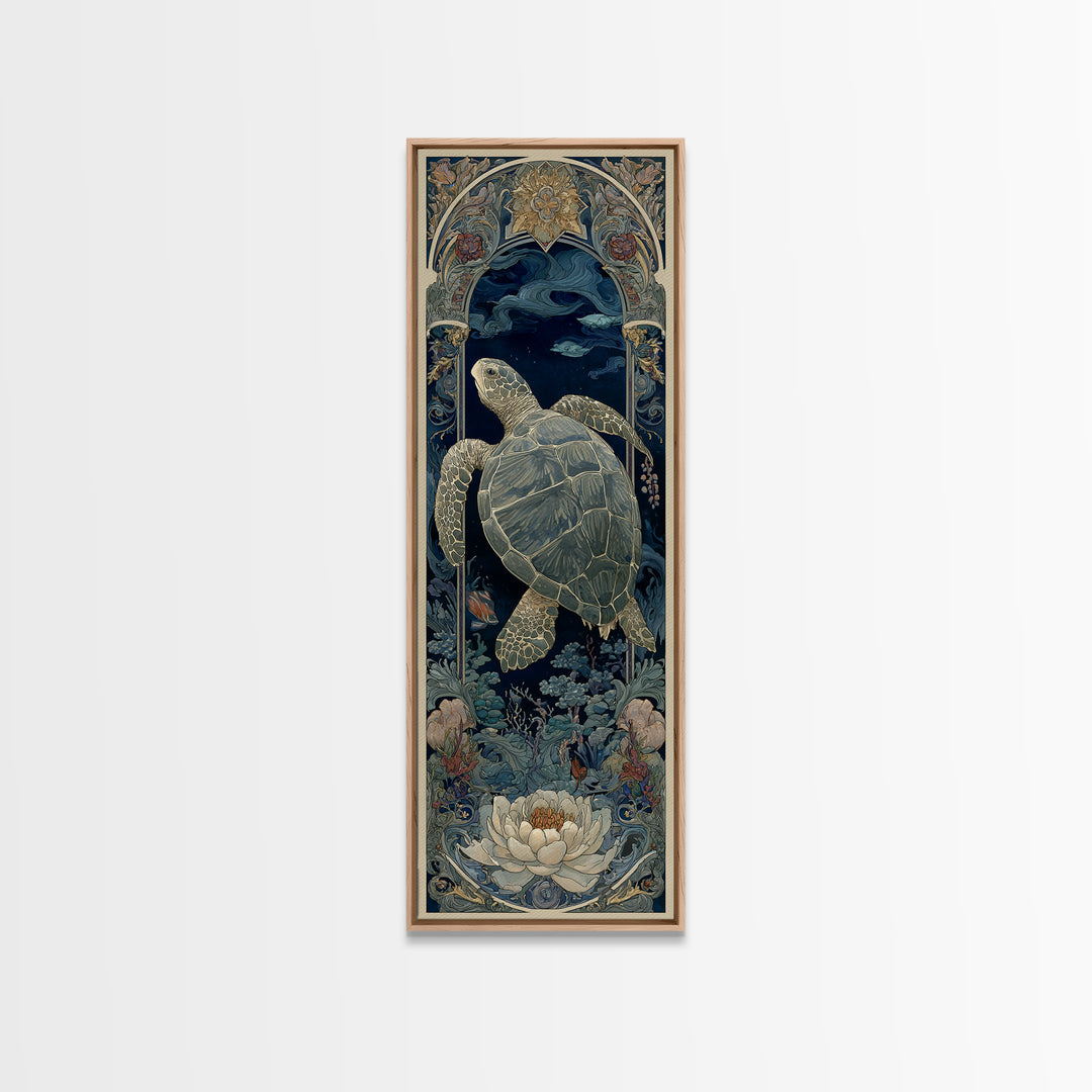 Turtle with Garden Growing on Shell Framed Canvas Print, Whimsical Art, Watercolor Art, Living Room Decor, Fine Art, Wonder, WHI-1x3-58