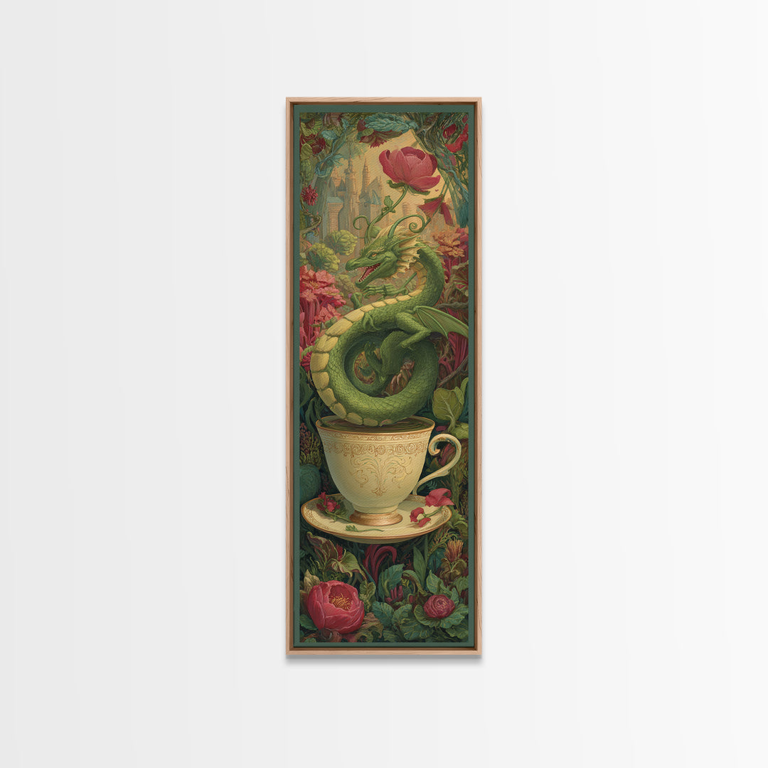 Dragon Curled Around a Teacup Canvas Print, Whimsical Art, Art Nouveau, Living Room Decor, Abstract Art, Wonder, WHI-1x3-60