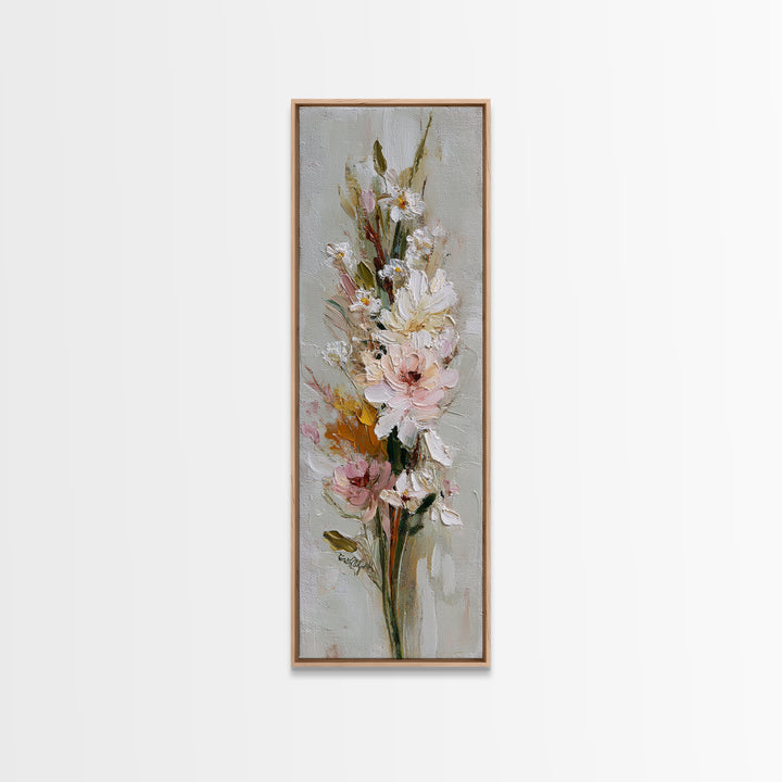 Hedgehog Carrying Wildflowers Framed Canvas Print, Whimsical Art, Neutral Decor, Living Room Decor, Oil Painting, Wonder, WHI-1x3-75