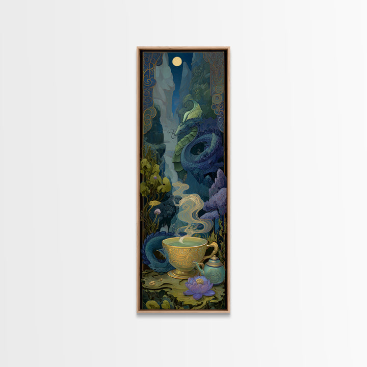 Dragon Curled Around a Teacup Framed Canvas Print, Whimsical Art, Nursery, Living Room Decor, Fine Art, Wonder, Watercolor Art, WHI-1x3-84