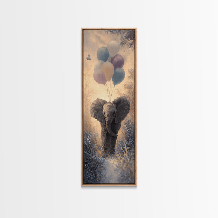 Elephant Holding Balloons Framed Canvas Print, Whimsical Art, Statement Artwork, Living Room Decor, Fine Art, Wonder, WHI-1x3-87