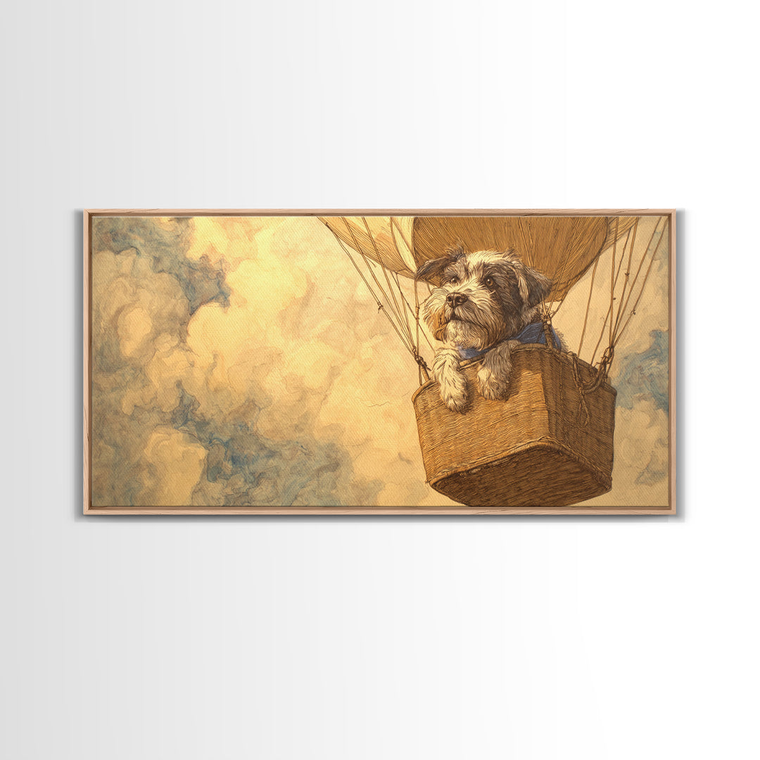 Dog in a Hot Air Balloon Framed Canvas Print, Whimsical Art, Contemporary Art, Living Room Decor, Fine Art, Wonder, Art Nouveau, WHI-2x1-10