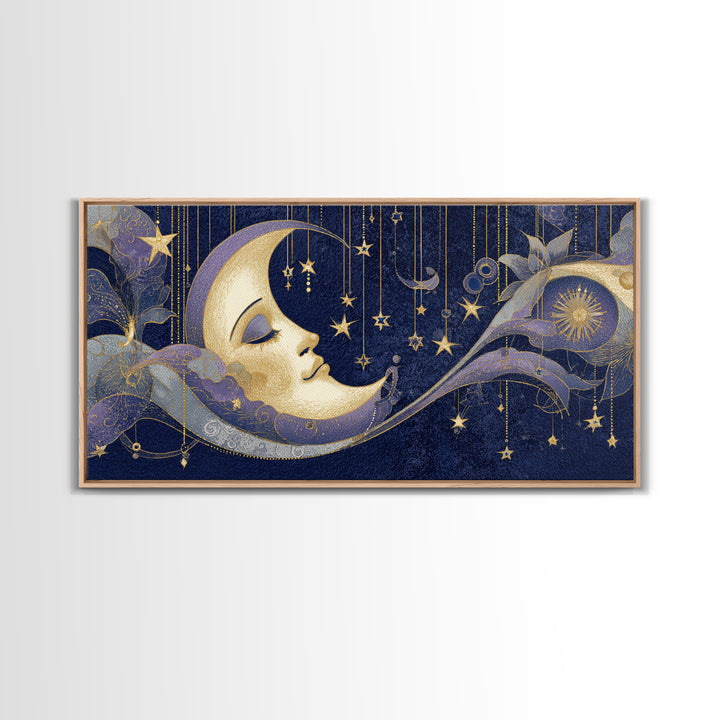 Moon with Sleeping Face and Dangling Stars Framed Canvas Print, Whimsical Art, Room Decor, Living Room Decor, Oil Painting, WHI-2x1-12